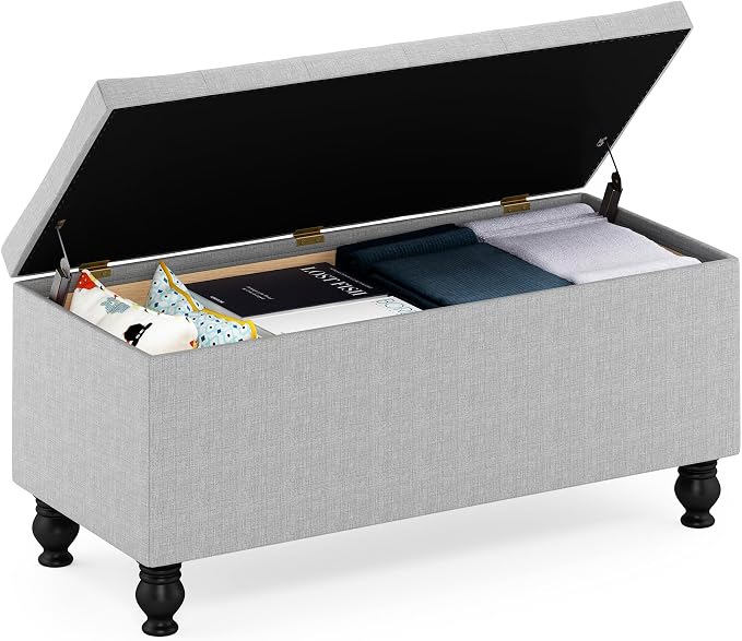 Furinno Laval Button Tufted Storage Ottoman Bench, with Safety Hinged Soft Closed Seat, for Entryway, Bedroom, Living Room, Glacier
