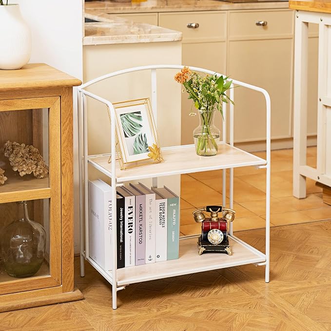 Crofy 2-Tier Foldable Bookshelf, White Frame & White Oak Shelves | No-Assembly Collapsible Portable Storage Organizer; Sturdy White Oak Finish Shelves; Ideal for Living Room & Home Office