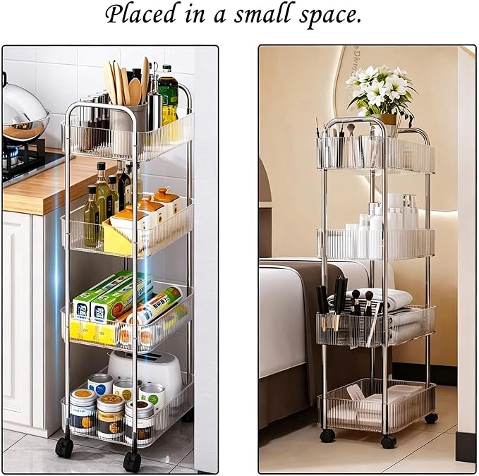 4-Tier Clear Utility Rolling Cart with Wheels for Kitchen & Bathroom | Lightweight-usage, Easy assembly, Multifunctional storage organizer, Clear, 7.9”W * 13”L * 35.8”H