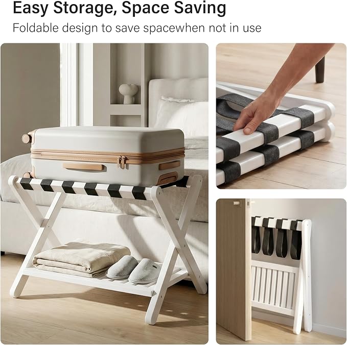 Heybly Luggage Rack for Guest Room,Set of 2, Bamboo Folding Luggage Stand & Suitcase Holder, 5 Heavy-Duty Straps,Holds up to 165 Lbs, Heavy Duty Luggage Rack for Bedroom Hotel, White, HLR013W2