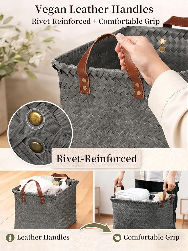 Hand Woven Baskets for Storage, 4Pcs Water-Resistant Wicker Baskets, Grey Wicker Storage Baskets for Shelves, Large Basket with Handle for Organizing, Clothes, Laundry, Blanket - Rectangular