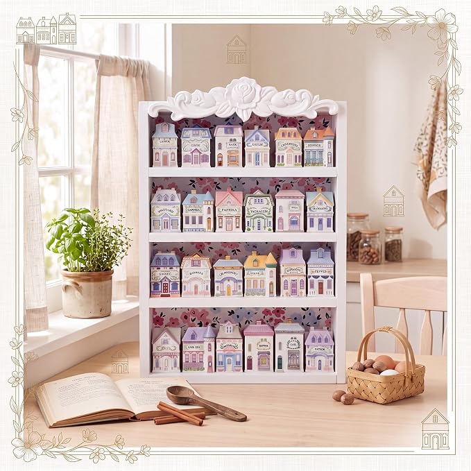 Chunful Vintage Spice Jar Wooden Rack White Rose Carved Spice Shelf for 24 Jars, Village Style Wall Mounting Kitchen Storage Decorative Hanging Display Rack, Shelf Only (19.29 x 13.19 x 3.15 Inches)