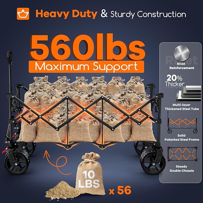 Originsure 48" L Collapsible Wagon Cart Foldable, 560lbs Weight Capacity 300L Heavy Duty Folding Beach Wagons with Big All-Terrain Wheels, Utility Carts for Groceries, Camping, Sports - Grey&Black