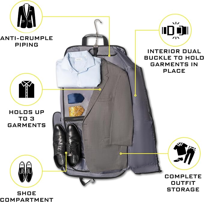 ZEGUR Premium Suit Garment Bag Carry On - Hangs 4 Suits - Travel & Business with Shoulder Strap and Laptop Compartment