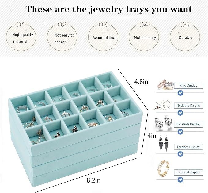 Stackable Jewelry Organizer Trays for Drawer, Set of 4 Velvet Jewelry Drawer Inserts in Dresser, 8in Storage Display Case for Rings Stud Necklaces Accessories(Blue)