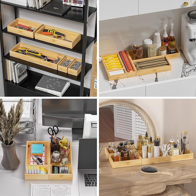 Lixple Bamboo Drawer Organizer - Silverware & Utensil Organizer, Stackable, 2 Pcs, Wooden Storage Box Tray (Bamboo, 12 X 6 X 2 Inch)