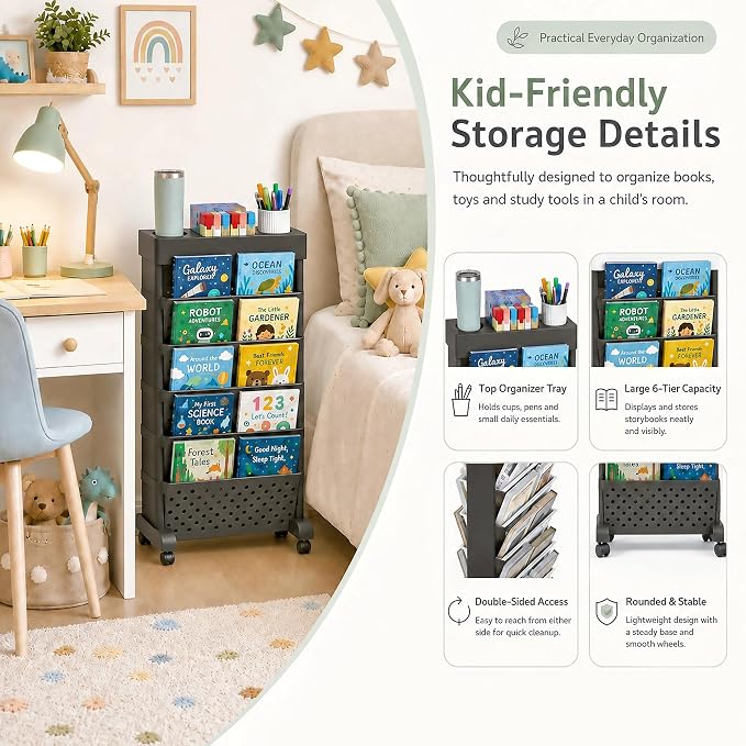 6-Tier Rolling Bookshelf Magazine Rack with Wheels Black | Mobile Bookcase, Book Storage File Folder Organizer Cart for Home Study Office Living Room Classroom