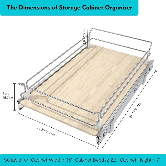 Pull Out Cabinet Organizer 14.45" W X 22" D, Wood & Chromed | Full Slide Out Drawers For Kitchen Cabinets, Cabinets Capacity Heavy Duty Caddy, Cabinet Pullout Shelves , Pantry Storage