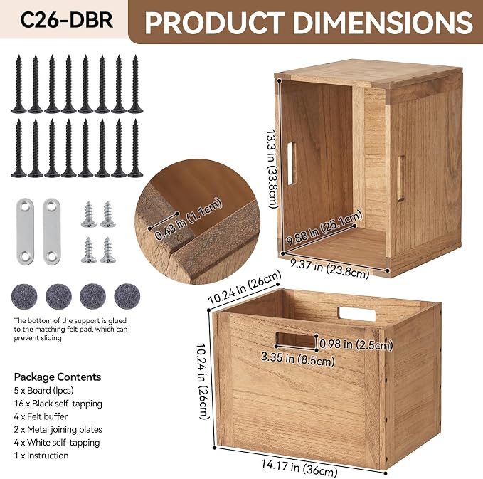 KIRIGEN Stackable Wood Storage Cube with Handles, Open Cubby Bin, Brown | Open-Front Wooden Crate Box for Books, Clothes, Shoes, Closet Storage, and Display for Home Office, Assembly Required