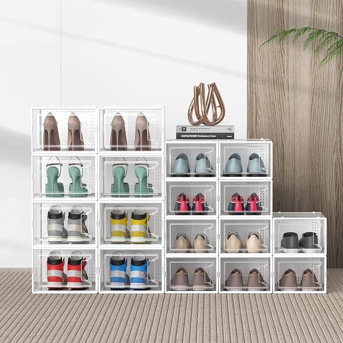 Snaxo 12 Pack XX-Large Clear Shoe Storage Boxes, Stackable Modular Plastic Shoe Organizer Front-Opening Door, Ventilated Dust-Proof Sneaker Display Case Closet, Entryway, White