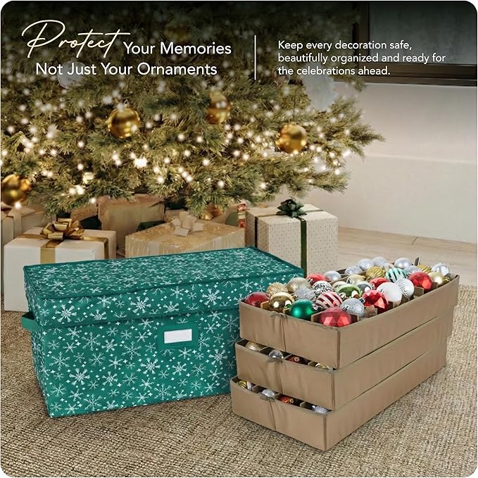 Covermates Keepsakes Adjustable Ornament Storage Box – Heavy-Duty Polyester, Padded Dividers & FlexGrid Trays – Protective Holiday Organizer with Stackable Walls & Label Window, Green Snowflake