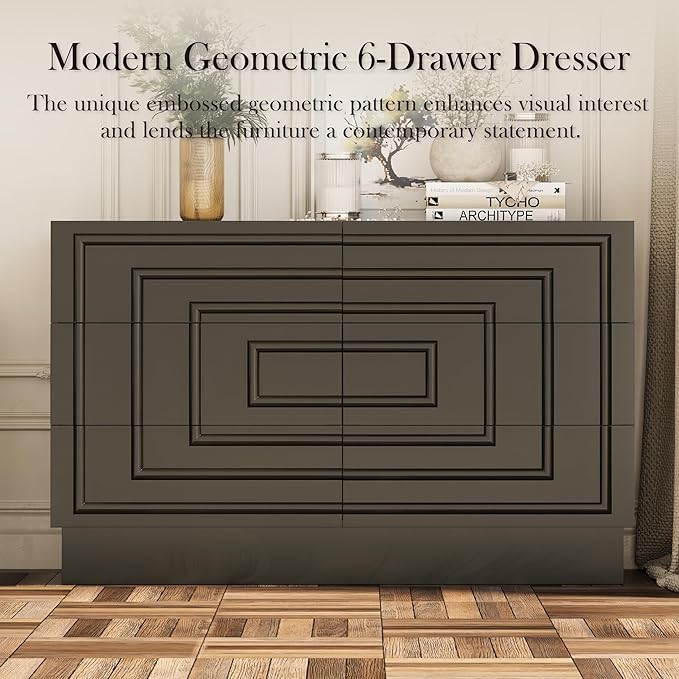 Aoikax Modern 6-Drawer Dresser, Sculptural Mid-Century Drawer of Chest with Geometric Square Pattern, Contemporary Accent Dresser for Bedroom, Living Room, Black