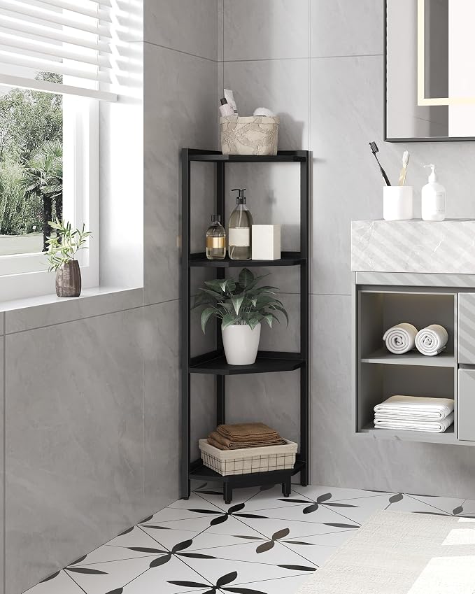 Hzuaneri Corner Shelf Stand, Corner Bookshelf, Storage Standing Shelf Unit with Metal Frame, Plant Stand, Bookcase for Living Room, Home Office, Bedroom, 4-Tier Black CS05806B