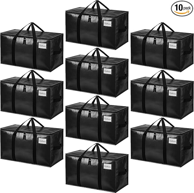 BAGAIL Heavy Duty Moving Bags with Strong Handle, Extra Large Moving Boxes, Storage Tote for Clothes, College Moving Supplies(Black, 10 Pack)