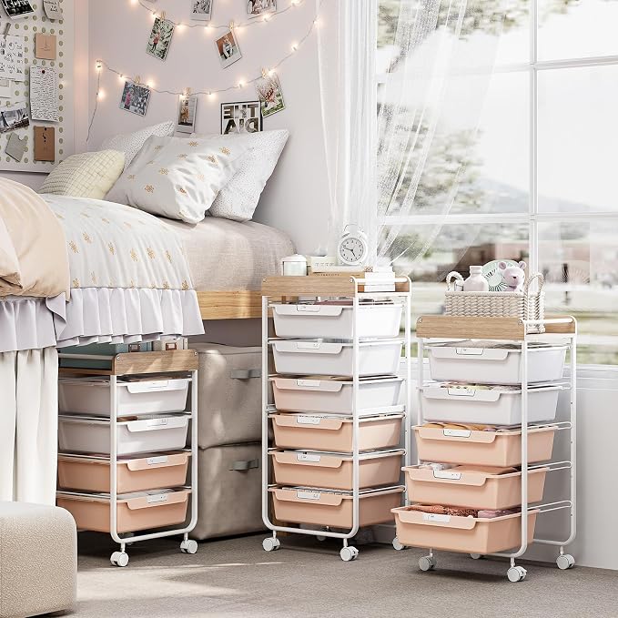 Rolling Craft Storage Cart with 4 Drawers,Utility Cart with Drawers,Art Craft Organizers and Storage,Kids Craft Cart,Kids Art Cart With DIY Lable and Wooden Tabletop Area, Pearl