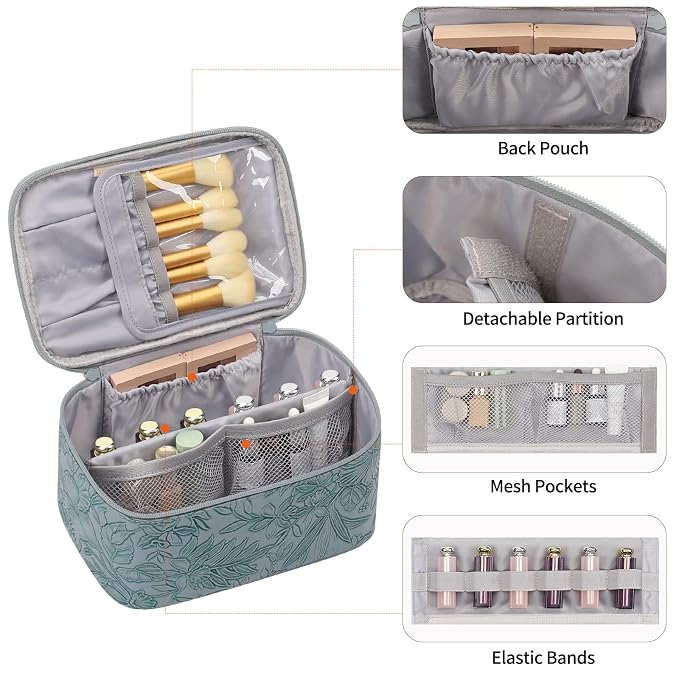 OCHEAL Makeup Bag for Women - Travel Cosmetic Organizer with Brush Slot & Divider, Large Capacity Toiletry Bag for Girls, Travel Makeup Case for everyday Make up Accessories -Blue Floral