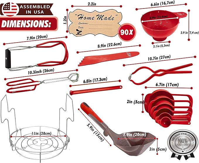 Supa Ant Complete Canning Supplies Starter Kit – 10pc Food-Grade Steel Set with XL Ladle, 6 Measuring Cups, Jar Lifter, Funnel, Canning Rack (7-Jar Capacity) & 90 Labels – Beginner-Friendly, Red
