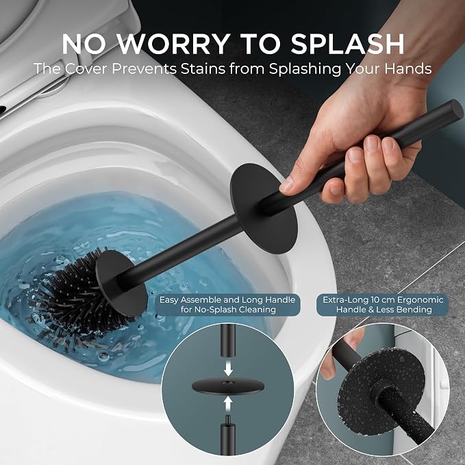 FORIOUS Toilet Brush, 2 Toilet Bowl Brush Head Square Medium Black 2 Pack | Heavy Duty 304 Stainless Steel Base, Silicone and Plastic Brush Heads, Long Handle for Deep Cleaning, Drip-Proof