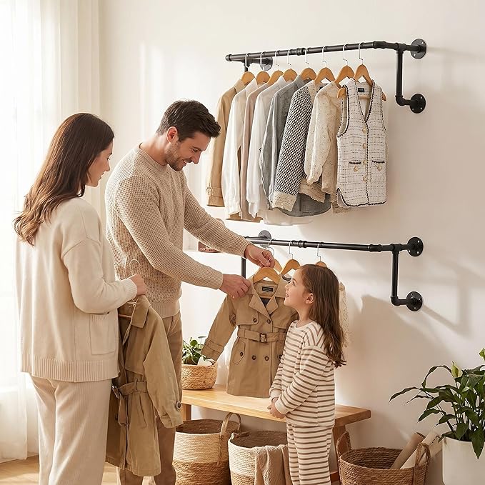 Homeyeeng Clothes Rack, Industrial Wall Pipe Clothing Rack for Hanging Clothes, Wall Mounted Heavy Duty Space Saving Garment Rack, Multi-Purpose Clothing Hanging Rods for Closet Storage, Black, 2Pcs