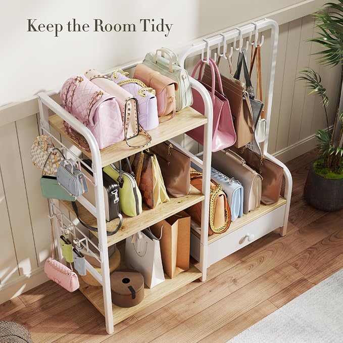 Purse Organizer for Closet, with Bottom Drawer, Extra Large Capacity 3 Tier Handbag Storage Rack for Women, 10 Purse Hanger and Hooks for Bag Organizer, Floor-Standing, Home, Living Room (Wooden)