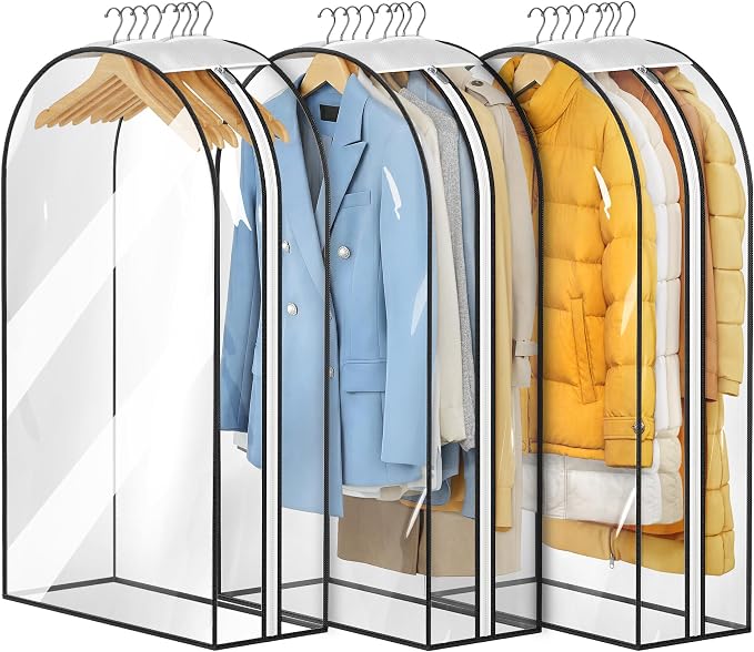 MISSLO 10" Gusseted All Clear Garment Bags for Hanging Clothes 3 Packs 40" Suit Bags for Closet Storage Hanging Clothes Storage Suit Cover for Shirts, Coats, Dresses