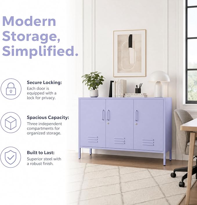 Purple Wide Metal Storage Cabinet, 32" H Heavy Duty Steel Locker with Lock, 2 Adjustable Shelves & Ventilated Doors for Home Office Kitchen Living Room