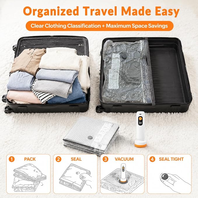 Travel Vacuum Bags with Pump – 18 Vacuum Storage Bags for Clothing, Travel & Home Storage, Double Zipper, Space Saving, Portable, Rechargeable