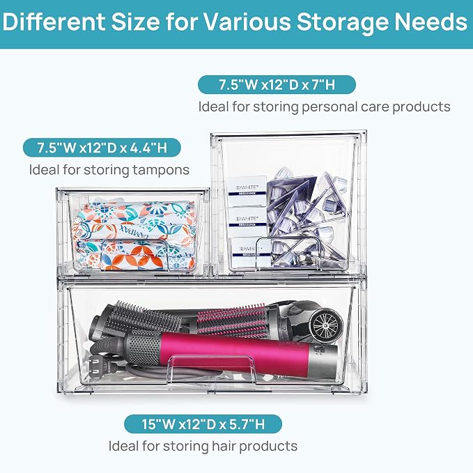 Vtopmart 7 Pack Stackable Storage Drawers, Easily Assemble Clear Plastic Organizer Bins, Storage Drawer Set for Pantry and Kitchen Cabinet Organization, Bathroom or Closet Storage