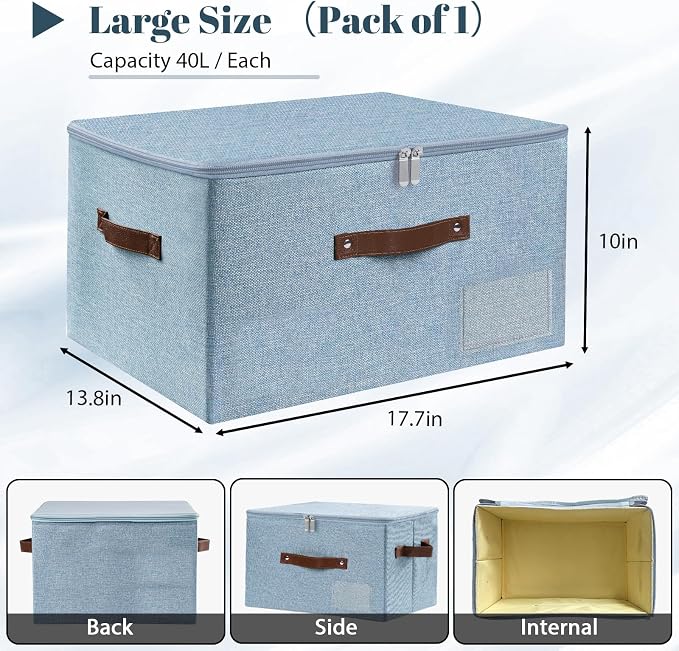 ANMINY Fabric Storage Box Bins with Zipper Lid, Washable Blue | Cotton Linen Fabric, PP Board Frame, Label Holder, Stackable & Foldable, PU Handles, Dual-Zipper 3-Side Open Lid, Large