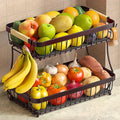 Sevenblue 2-Tier Fruit Basket with Banana Hangers, Detachable Metal Bowl | Wooden handle, protective mats included. Versatile holder for bread, snacks, and veggies. Extra Large 2 tier metal design.