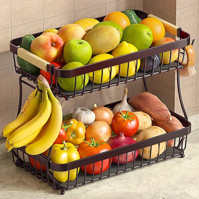 Sevenblue 2-Tier Fruit Basket with Banana Hangers, Detachable Metal Bowl | Wooden handle, protective mats included. Versatile holder for bread, snacks, and veggies. Extra Large 2 tier metal design.