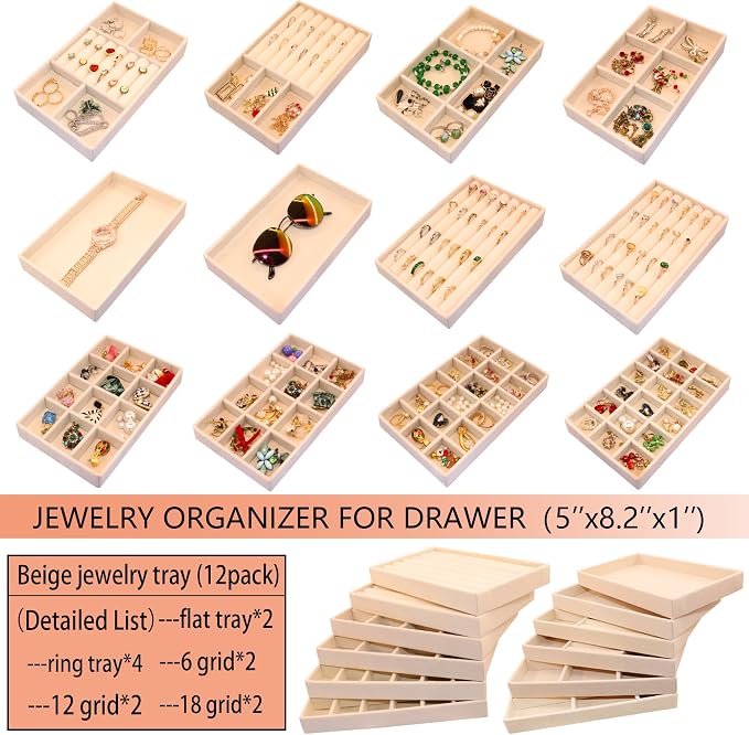 12PCS Stackable Jewelry Drawer Organizer Inserts Jewellry Trays Velvet Earring Jewelryy Dispaly Case for Earring Holder Necklace Bracelet Ring Watch