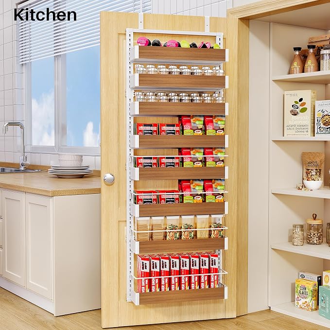 SNTD 8 Tiers Over the Door Organizer - Height Adjustable Pantry Organizers and Storage with Dense Mesh Baskets, Anti-Swing Hanging Door Spice Rack for Kitchen Bathroom (Walnut, 17" W x 6" D x 69" H)
