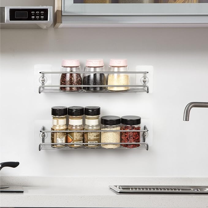 Lonian 2-Tier Wall Mounted Spice Rack Organizer, Chrome Metal Spice Shelf Storage Basket for Kitchen Cabinet/Pantry Door, Includes Drilling & No-Drilling Installation Options