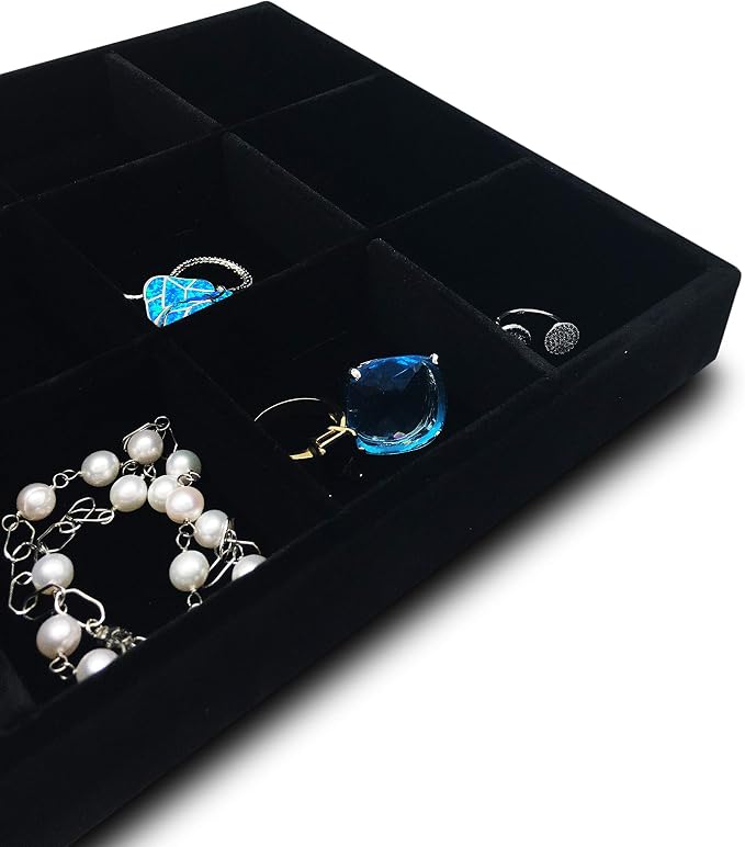 The Display Guys - Stackable Jewelry Tray and Organizer - for Drawers, Dressers, Store Display (18 Compartments, Black Velvet)
