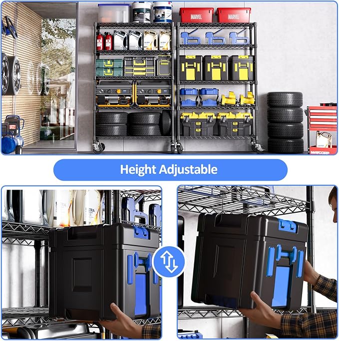 Wire Shelving with Wheels for Garage, 48” Heavy Duty Utility Storage Shelf | 5-Tier 1750 lbs Metal Shelves, 17.7" D x 47.2" W x 76.7" H Adjustable Black Garage Shelving for Kitchen, Laundry and Basement