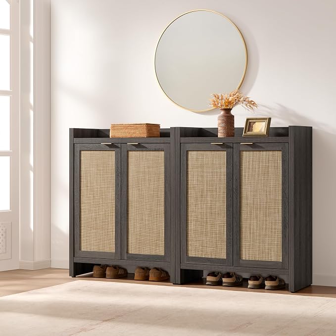 SICOTAS Shoe Storage Cabinet Set of 3, Large Capacity Rattan Shoe Cabinet for Entryway, 6-Tier 41" Tall Shoe Cabinet, Farmhouse Wooden Storage Cabinet for Living Room Hallway, Black Oak