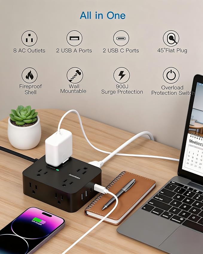 Power Strip Surge Protector, Extension Cord with 8 Widely Spaced AC Outlets & 4 USB Ports (2 USB C), 5 Ft Heavy Duty Round Power Cord, 1080 Joules, Wall Mount Charging Station for Home Office Desk