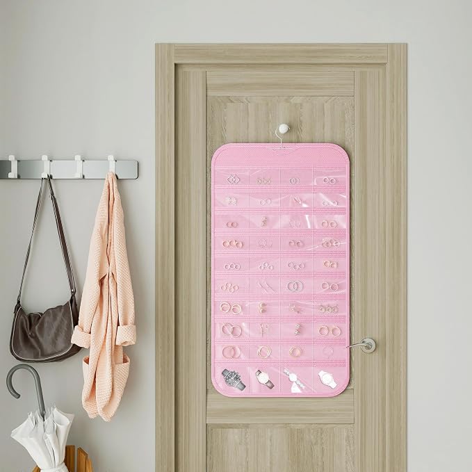 Hanging Jewelry Organizer 80-Pocket Double-Sided Storage, 2-Pack, Pink | Foldable clear PVC 80-pocket storage; swivel hook fits walls, doors & rods to organize earrings, necklaces, bracelets & rings