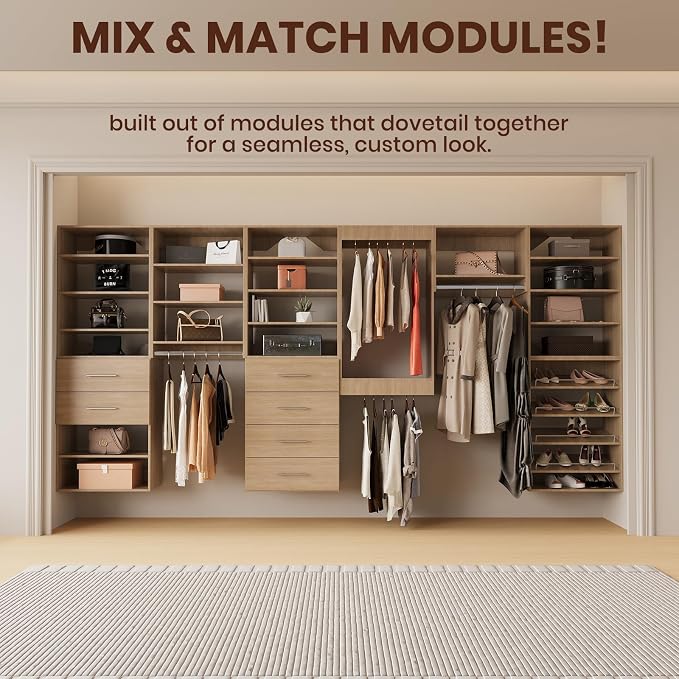 ROOMTEC Modular Closet System, 19.5" 4 Drawer Shelf Closet Tower Wall-Mounted Closet Organizer, Wooden Tower for Walk-In Closets, Wardrobe Storage Kit, Wood