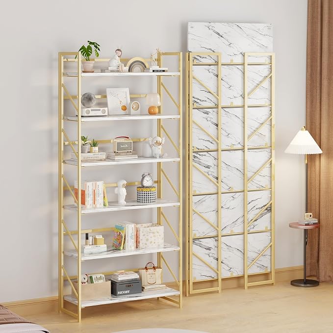 JSB 6 Tier No Assembly Folding Bookshelf, 30.7" Wide Foldable Storage Bookcase for Home Office, Space-Saving Storage Shelf for Living Room (White&Gold)