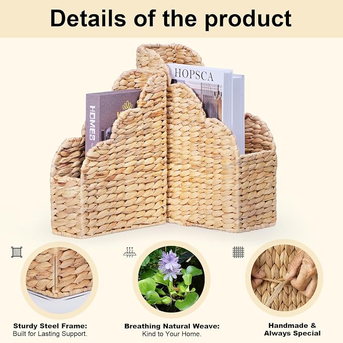 BROWNLILY Water Hyacinth Magazine Holders with Scalloped Edge - Natural Handwoven Rattan Storage Baskets Set of 2 (Large & Small) for Books, Home Office Decor