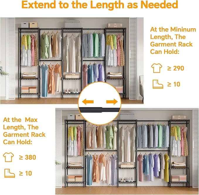 Higeego H11 Large Clothing Rack for Hanging Clothes Heavy Duty Garment Rack, Freestanding Wardrobe Closet Organizer and Storage with Expandable Hanger Rods, Extendable from 7.8 to 10.8 ft, Black
