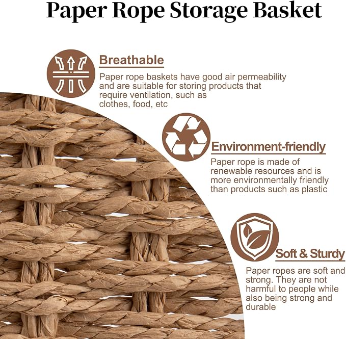 OIAHOMY Wicker Storage Basket, Rectangular Paper Rope Shelf Baskets with Built-in Handles, Woven Decorative Organizer for Pantry, Shelves, Living Room and Bathroom, 1-Pack Natural