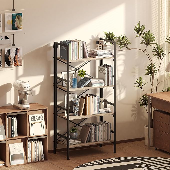 Homeiju Folding Bookshelf,4 Tier Bookcase Foldable Shelf with X-Bracket Design, Adjustable Feet, Space Saving Storage for Living Room, Office, Brownish