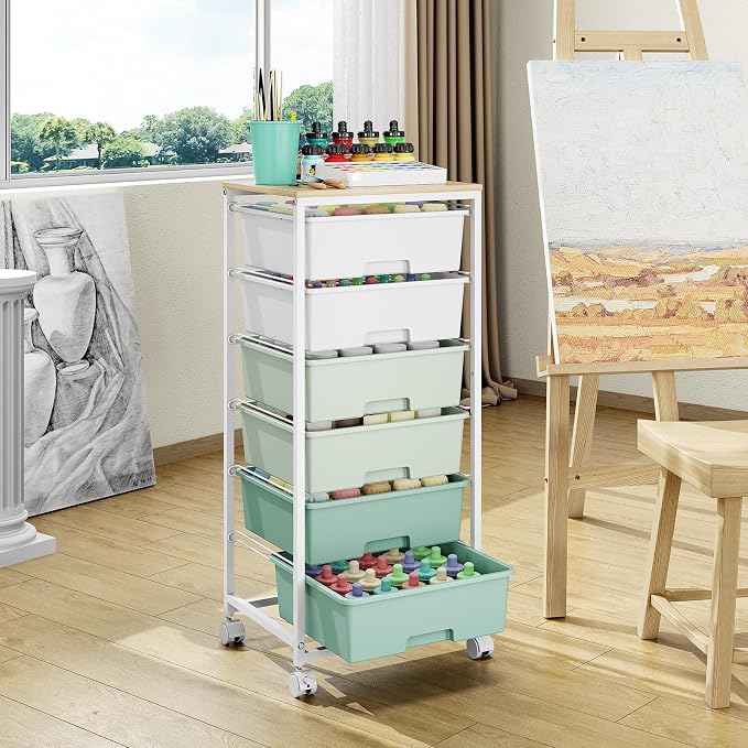 Rolling Storage Cart with 6 Drawers and Wooden Tabletop, Lockable Wheels Utility Cart for Art Studios, Office Supplies & Craft Room Organization (Green)