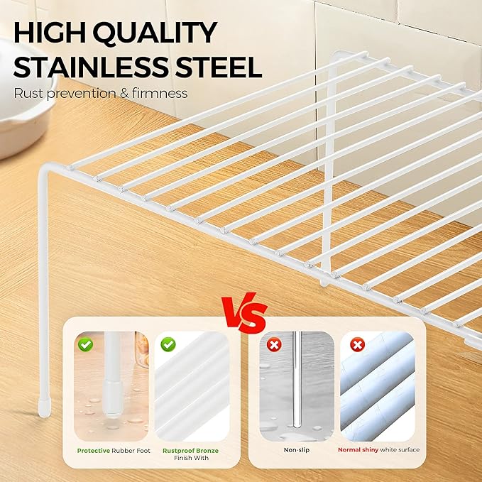Ravinte 1 Pack Freezer Shelf Organizer, Expandable Cabinet Storage Shelf with Rustproof Metal Wire, Adjustable Kitchen Cabinet Organizer Spice Rack for Frige, Pantry, Cupboard, Countertop - White
