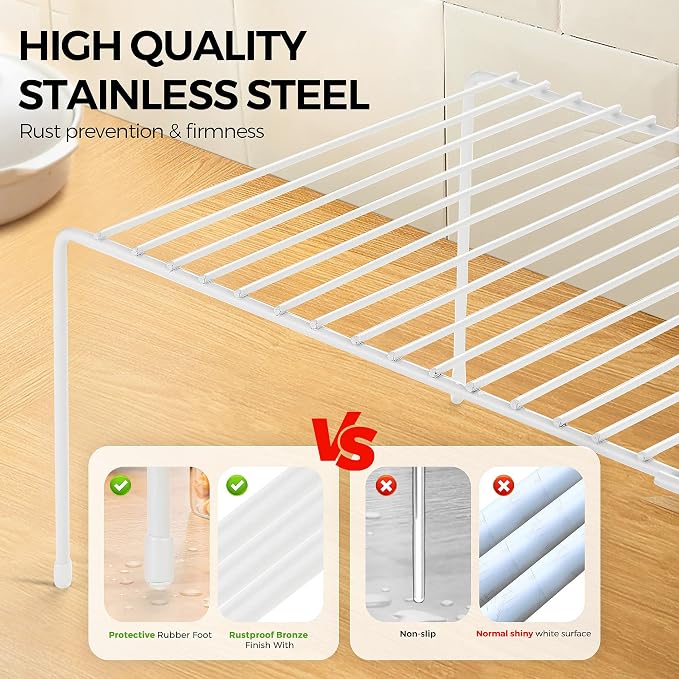 Ravinte 2 Pack Freezer Shelf Organizer, Expandable Cabinet Storage Shelf with Rustproof Metal Wire, Adjustable Kitchen Cabinet Organizer Spice Rack for Frige, Pantry, Cupboard, Countertop - White