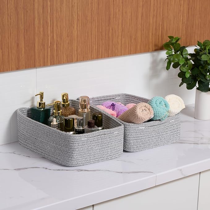 MiniArk Large Shallow Organizing Baskets 15x11x5.1 Inches - Rope Woven Storage Bins for Bathroom, Shelves, Cube Closet, Mixed Grey 2 Packs