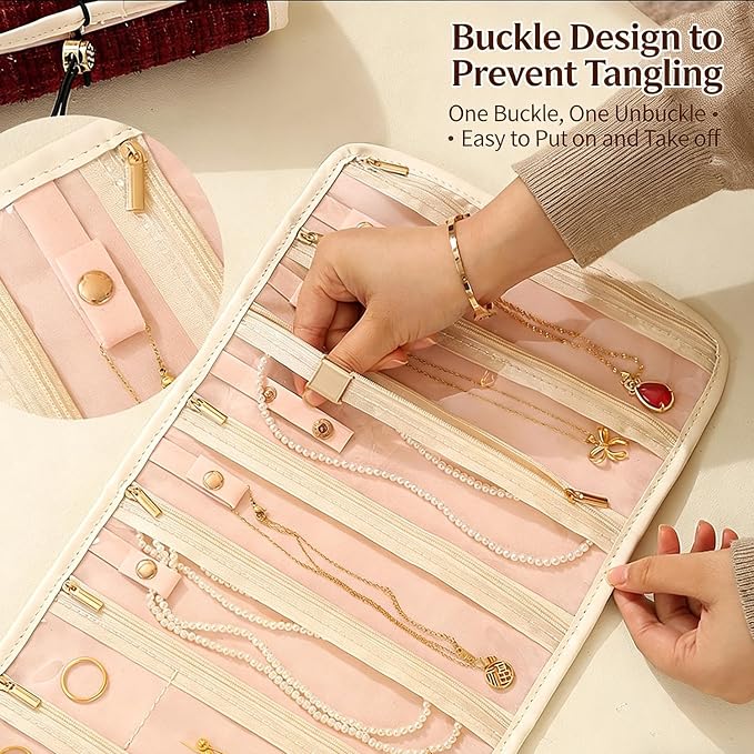 Jewelry Roll Travel Organizer, 20 Zippered Compartments with Double Lock, Tangle-Free Compact Roll Bag for Necklaces, Bracelets, Earrings, Rings (Black, White)
